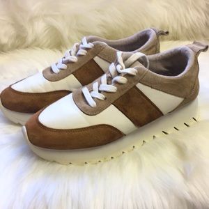 Zara White and Brown Suede-Trim Platform Sneakers